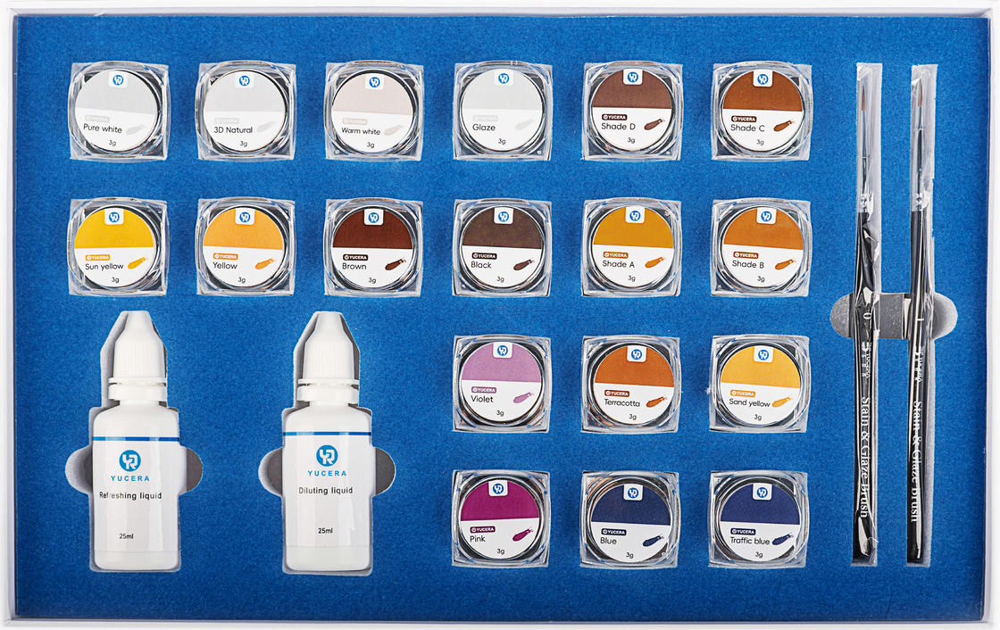 ชุดย้อมสีและเคลือบเซรามิกเซอร์โคเนีย 18 สี Yucera Natural Glow สำหรับการสร้างสรรค์ในห้องปฏิบัติการทันตกรรม